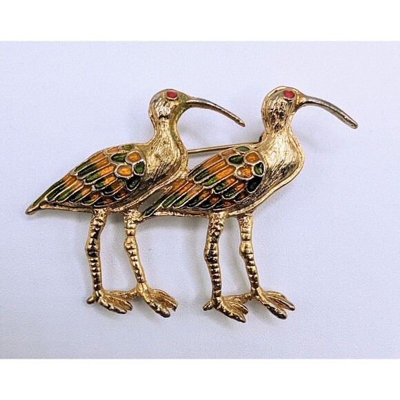 Vtg Curlew Shorebirds Pin Brooch Goldtone Enamel Wings Crystal Red Eyes - Picture 1 of 6